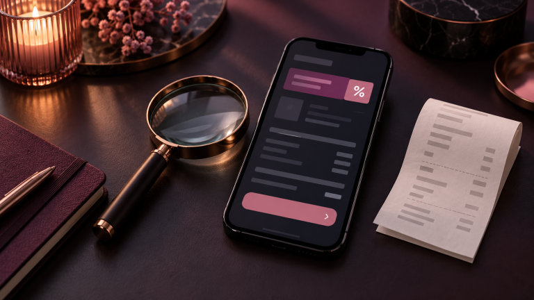 A phone displaying abstract deal details beside a magnifying glass and receipt